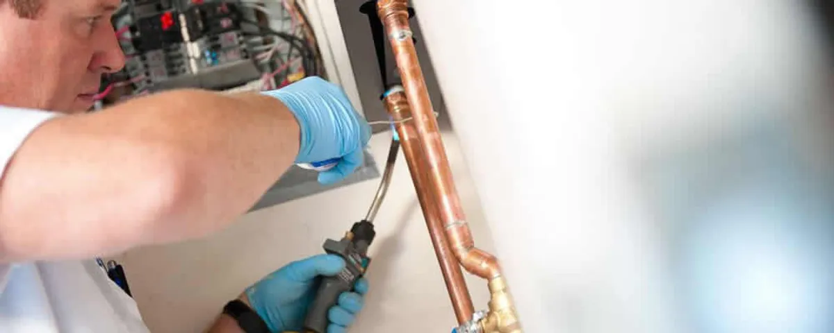 Water heater repair technician testing copper pipe connections and controls in Chico, CA